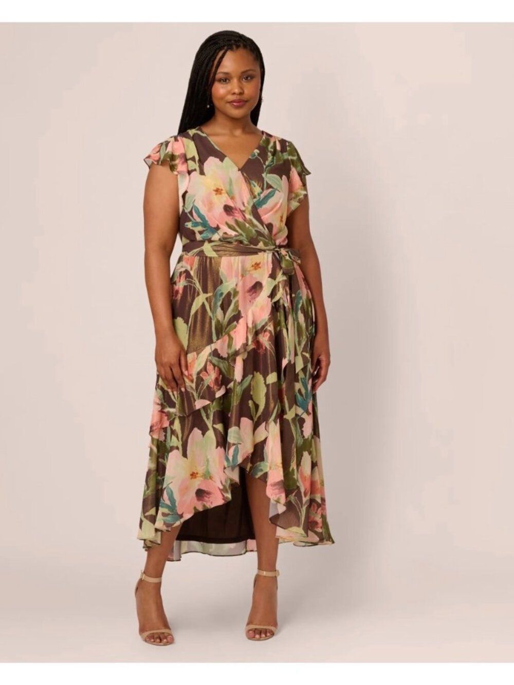 Adrianna Papell Women's Floral Hi-Lo Flutter Sleeve Midi Dress Size 16W